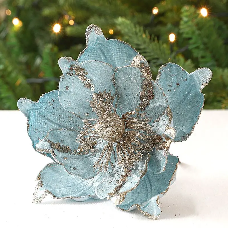 Large Glitter Artificial Christmas Flowers DIY Fake Flowers Xmas Tree Ornaments For Home New Year Decoration Supplies