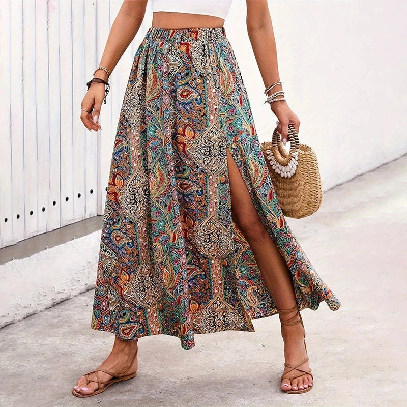 

Ethnic Style Printed Women Split Skirts Summer New Vintage Elastic High Waist Long Skirt Chic Personalized Female A-Line Skirts