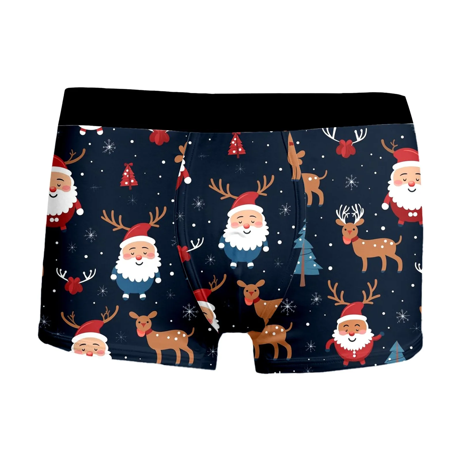 Celana Boxer motif natal pria, celana dalam pinggang sedang nyaman, pakaian dalam kucing lucu Sinterklas, manusia salju