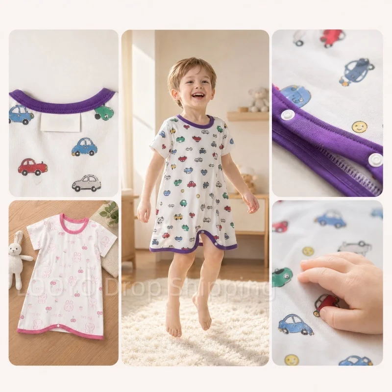 Kids Summer Sleepsuit Thin Ice Silk for Cool Comfort Anti-Kick Feature to Keep Kids Safe Boy Girls Homewear Sleepwear Pajama Set