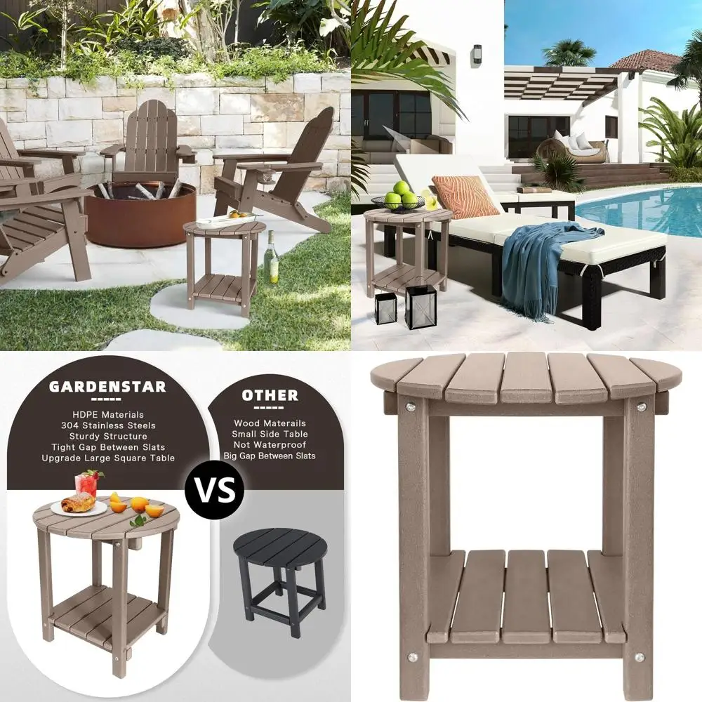 

2-Tier Outdoor Side Table with Storage, Teak-Colored HDPE Patio Furniture for Garden, Pool, and Porch