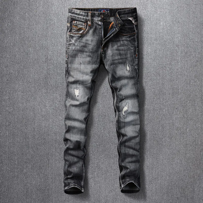 

Newly Designer Fashion Men Jeans High Quality Retro Black Gray Elastic Slim Fit Ripped Jeans Men Vintage Patched Denim Pants