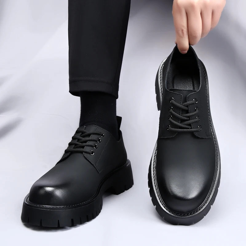 Brand Spring and Autumn Men Genuine Leather Thick Sole Formal Leather Shoes High Quality Fashion Lacing Comfortable Derby Shoes