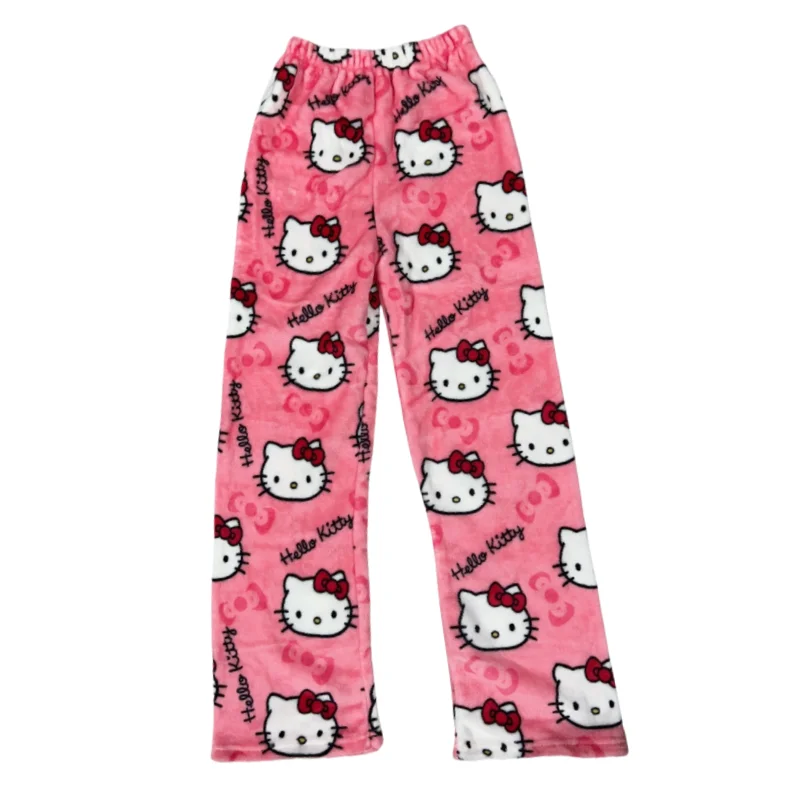 Hello Kitty Anime Y2k Kawaii Flannel Pajamas Women'S Warm Woolen Cartoon Casual Home Pants Autumn Winter Fashion Trousers