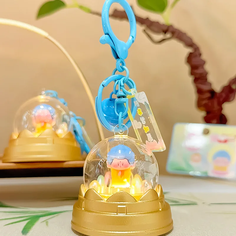 Porte-clés de couple bouddhiste de dessin animé, demi-cercle avec lumière, petit pendentif, jouets mignons, décoration de sac à dos étudiant, breloque, cadeaux créatifs