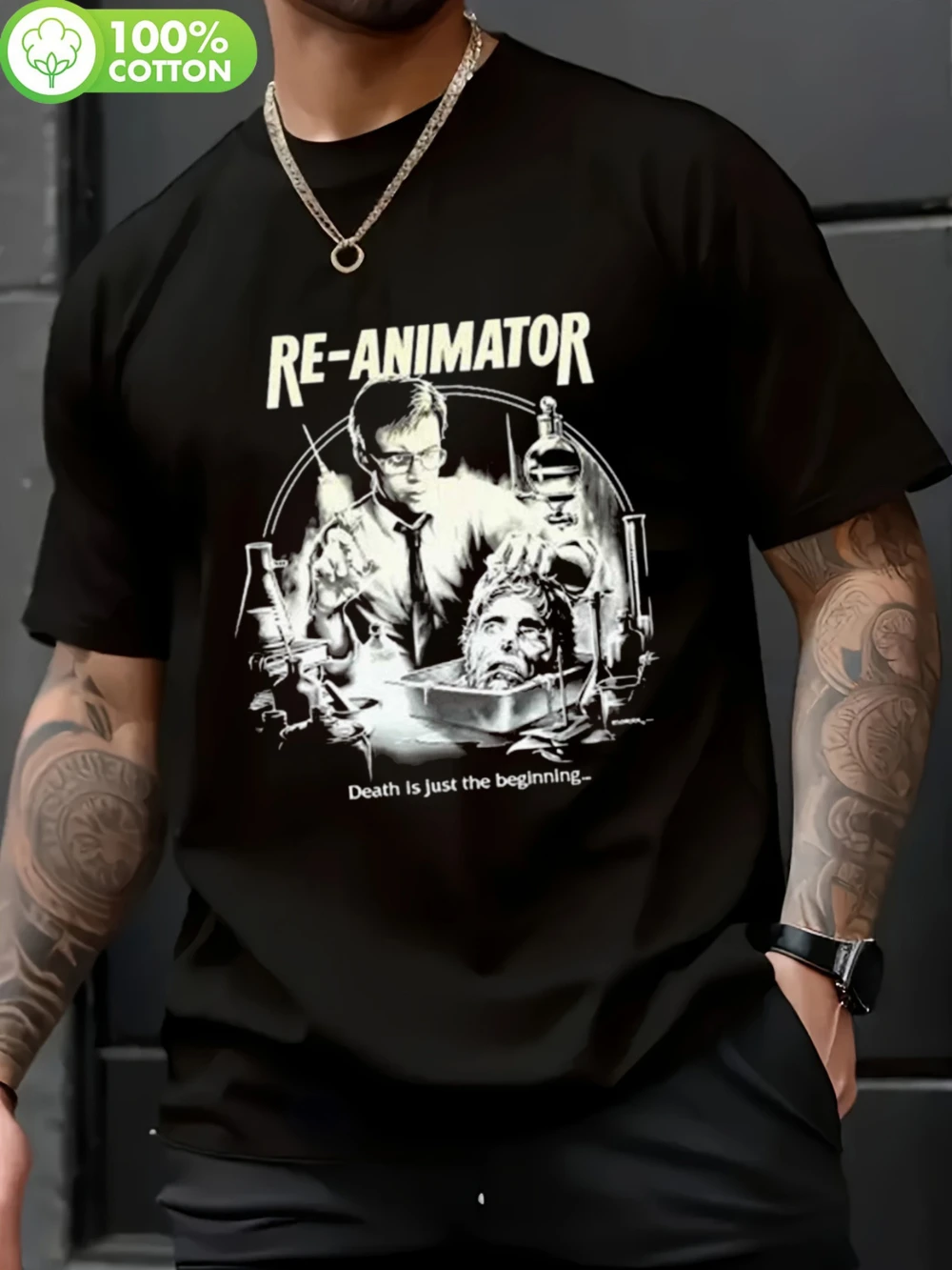 Black T-Shirt for Men Featuring Re-Animator Movie Print A Casual Wear for Horror Enthusiasts That Death Is Merely The Start
