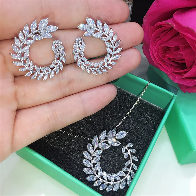 Uilz White Color Olive Branch Leaf Necklace Earrings Set for Women Fashion Zircon Dubai Wedding Jewelry Sets