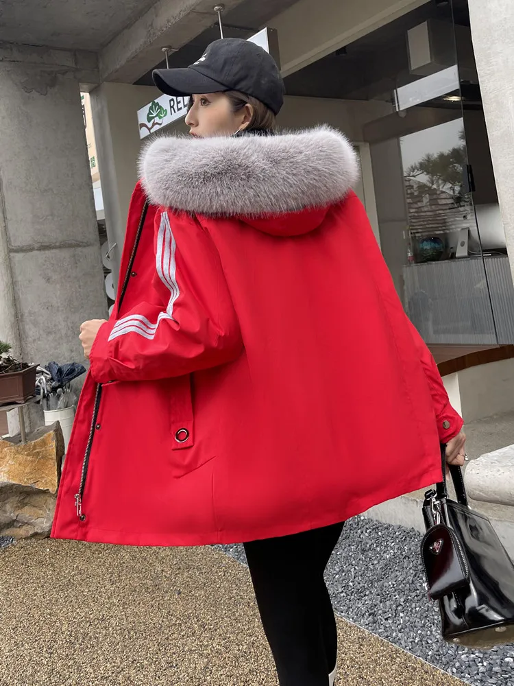 Fashion Sports Women Parkas Winter New Faux Rex Rabbit Fur Liner Detachable Padded Young Lady Fur Coat Furry Thick Warm Jacket