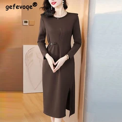 Women Korean Fashion Vintage High Waist Split Elegant Party Dresses Office Lady Solid O Neck Long Sleeve Slim Midi Dress Vestido
