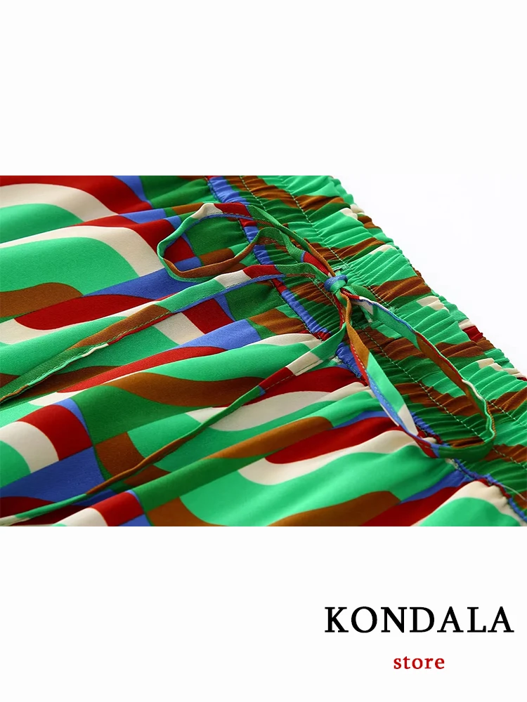 KONDALA w stylu Vintage zielony geometryczny drukuj kobiety garnitury 2 sztuka krótkim rękawem zapinany na jeden guzik koszule + wysokiej talii