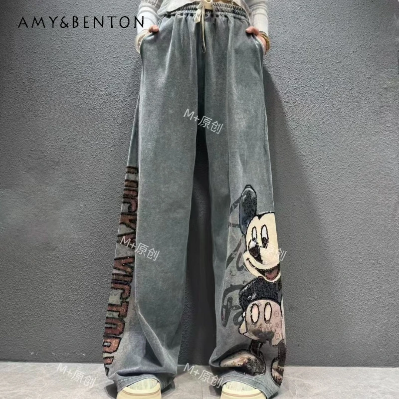 

European Style 2025 Spring And Autumn New High Street Lace-up Tooling Casual Pants Women's Loose Design Straight Wide-leg Slacks