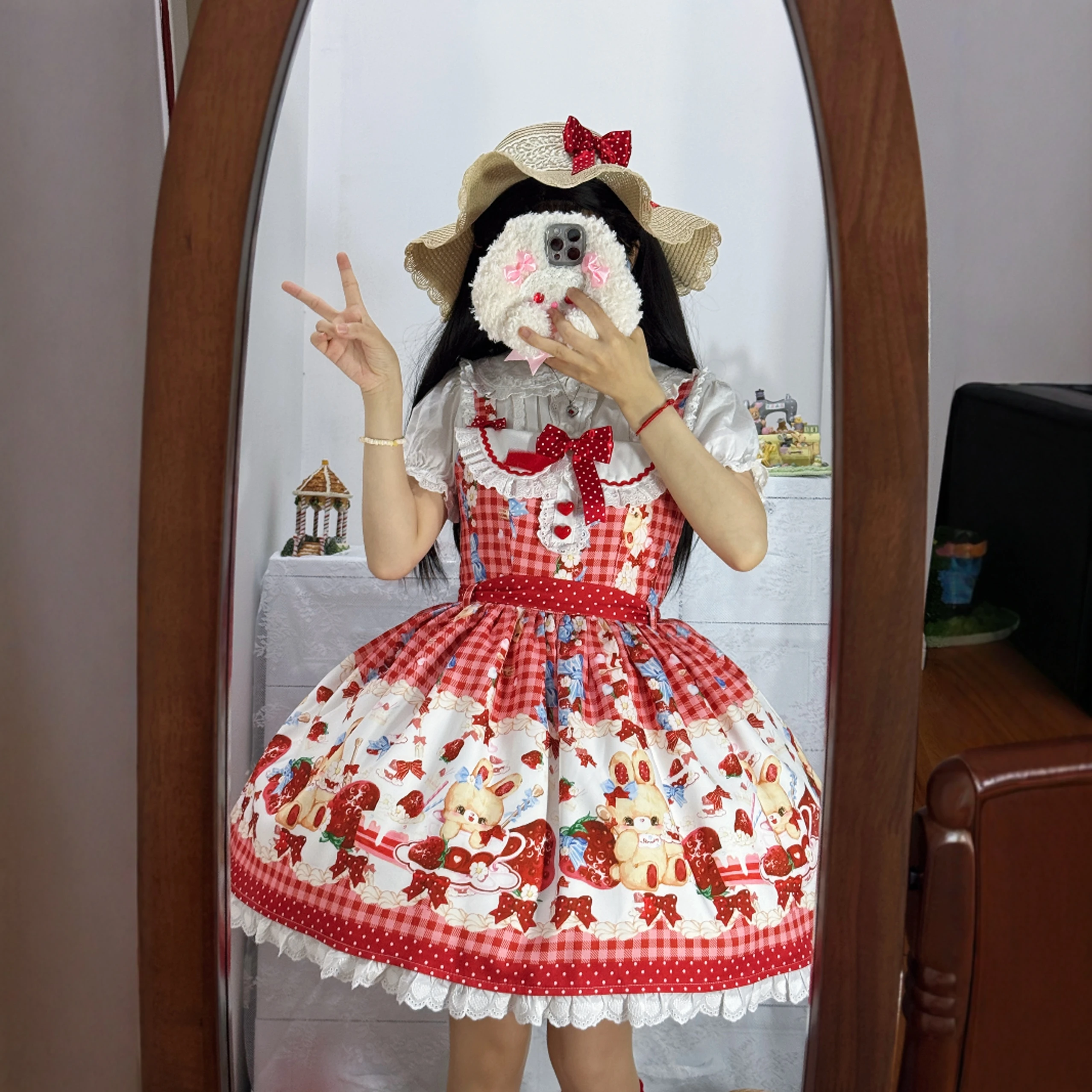 

Strawberry Rabbit Print Summer Dress 2025 New Lolita Strawberry JSK Daily Light Sweet Dress for Women Lolita Fashion Mini Dress