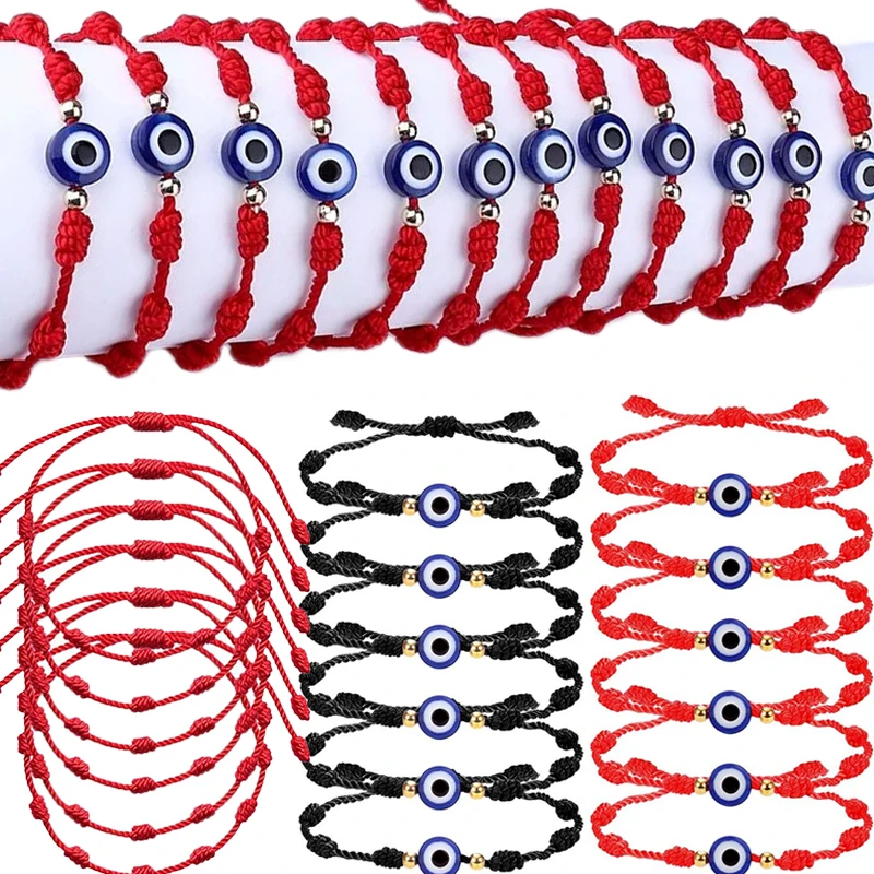 12pcs Red Evil Eye Bracelet for Women Men 7 Knot Lucky Handmade Braided Adjustable Couple Family Friendship Bracelet Jewelry