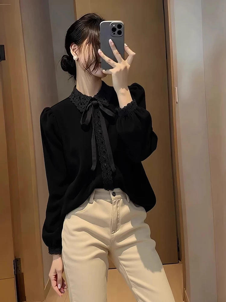French Vintage Spliced Lace Bow Turn Down Collar Blouse Y2k Aesthetic Single Breasted All Match Clothe Velvet Loose Casual Shirt