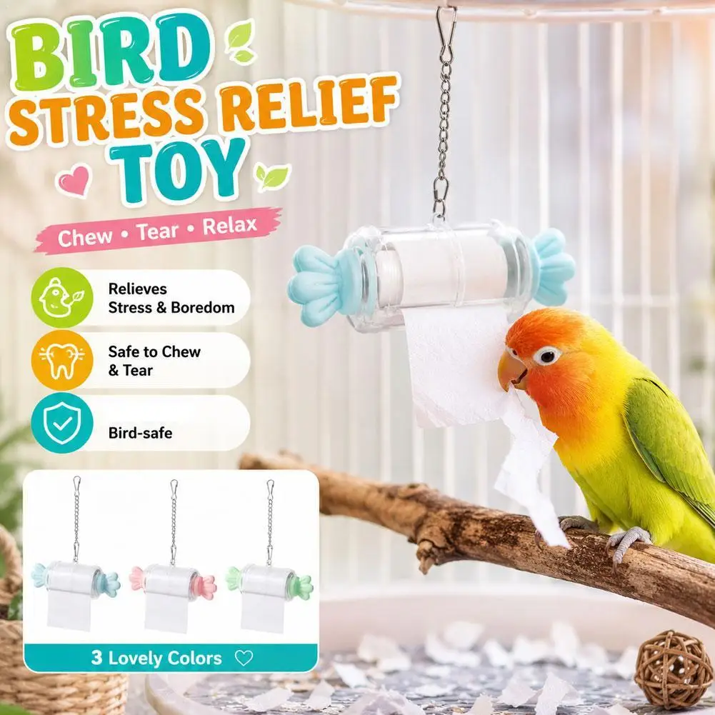 Juguete para desmenuzar para loros, con forma de caramelo, colgante, con soporte para rollo de papel, juguetes para masticar para pájaros, accesorios para jaulas de cacatúas, conures y periquitos