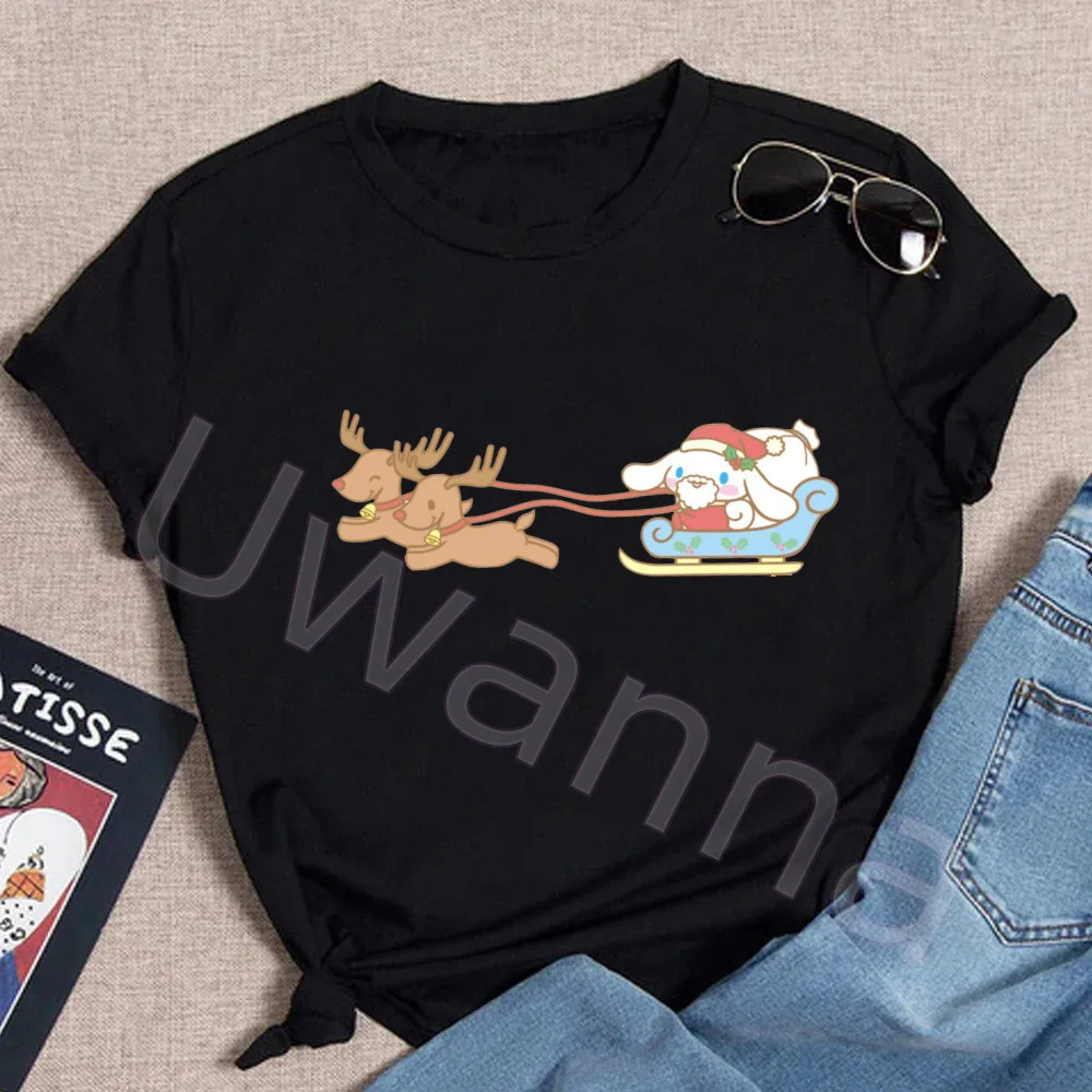 Cute Pochacco t shirt Women Christmas Print Cinnamoroll T Shirt Women Casual Black Tops Tee Short Sleeve Cartoon T-shirt Woman