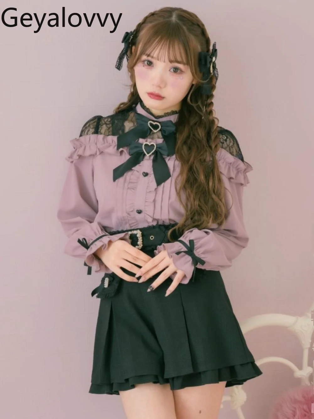 

Autumn New Sweet Girls Stand Collar Versatile Shirt Japanese Style Double Heart Bow Off-Shoulder Cute Long Sleeve Tops