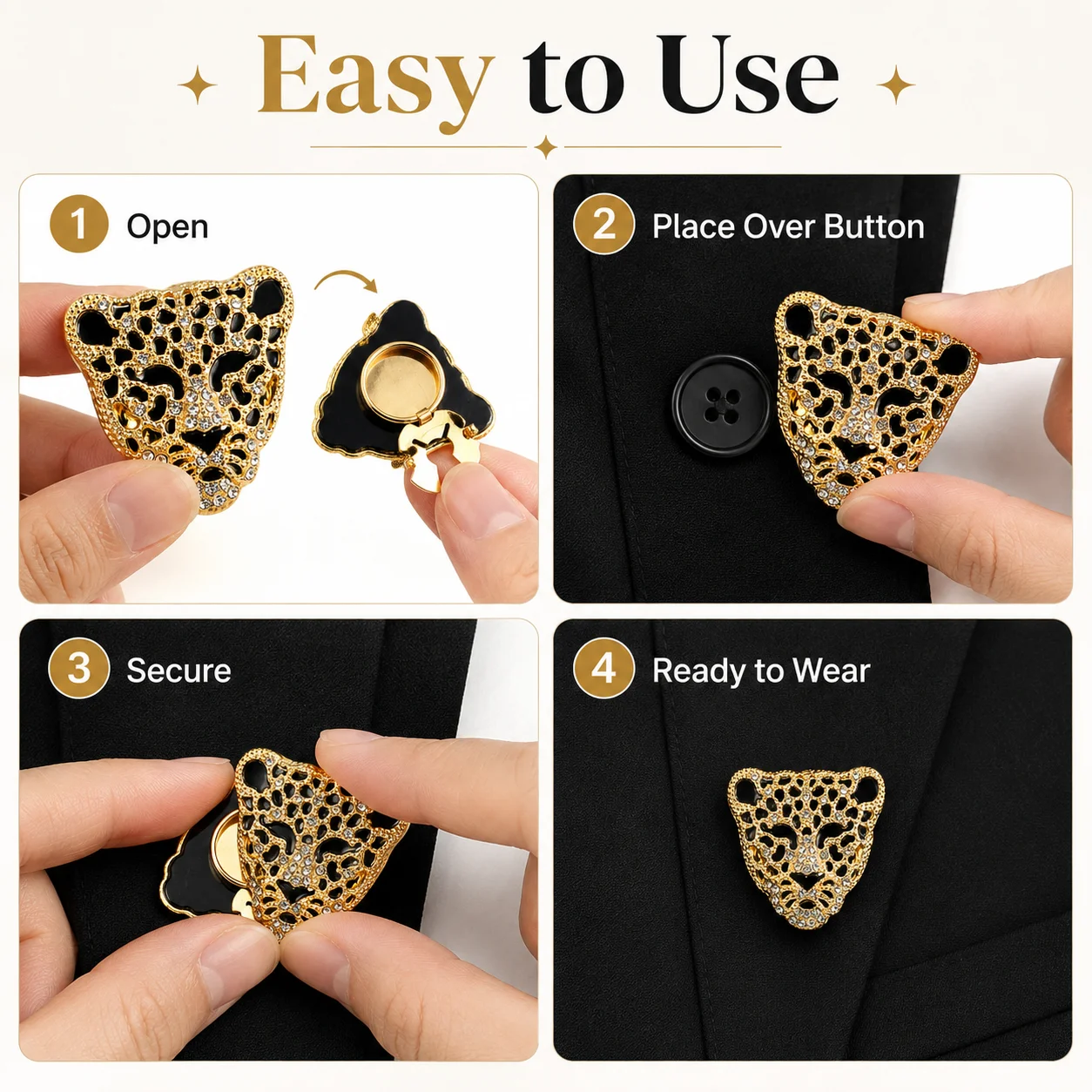 1pc Gold-Tone Leopard Head Button Covers, Rhinestone Shirt Button Clips with Secure Back Clasp for Jackets & Dresses view 6