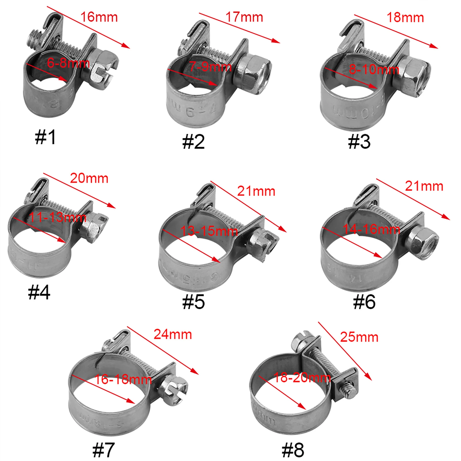 10PCS Hose Clamp Rustproof and Long Service Life Stainless Steel Mini Fuel Line Pipe Hose Clamp Clip 6mm‑20mm Optional Size
