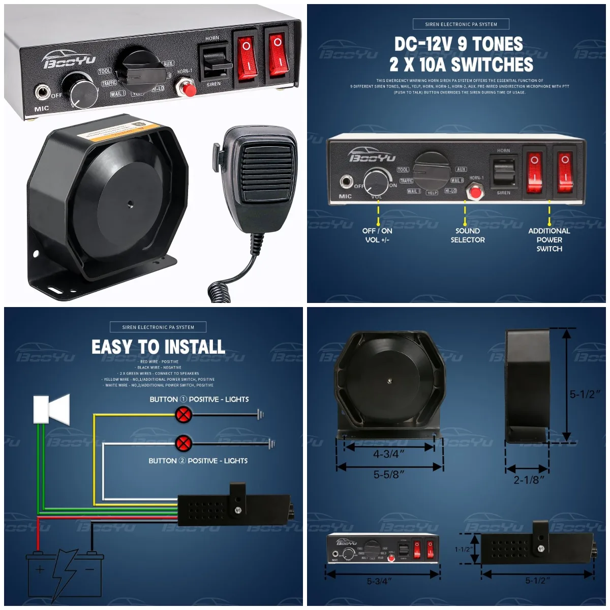 

12V 200W Police Siren for Truck, 9Tone Slim Horn Alarm with Handheld Mic & 2x10A Switches