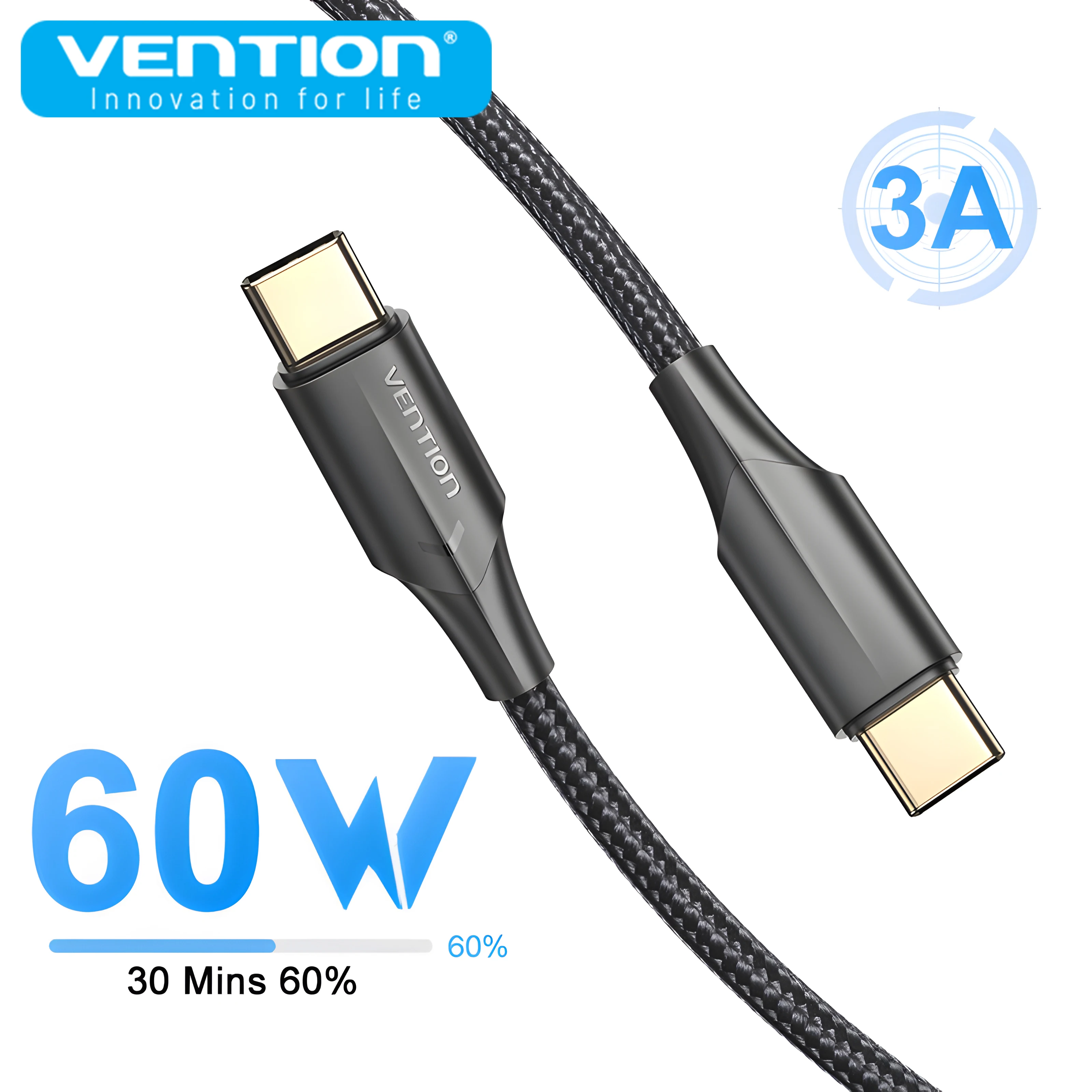 

Vention PD 60W USB Type C Led Fast Charger Cable 3A E-Marker Chip Data cord Type C Braided Wire for iPhone 16 15 MacBook Samsung