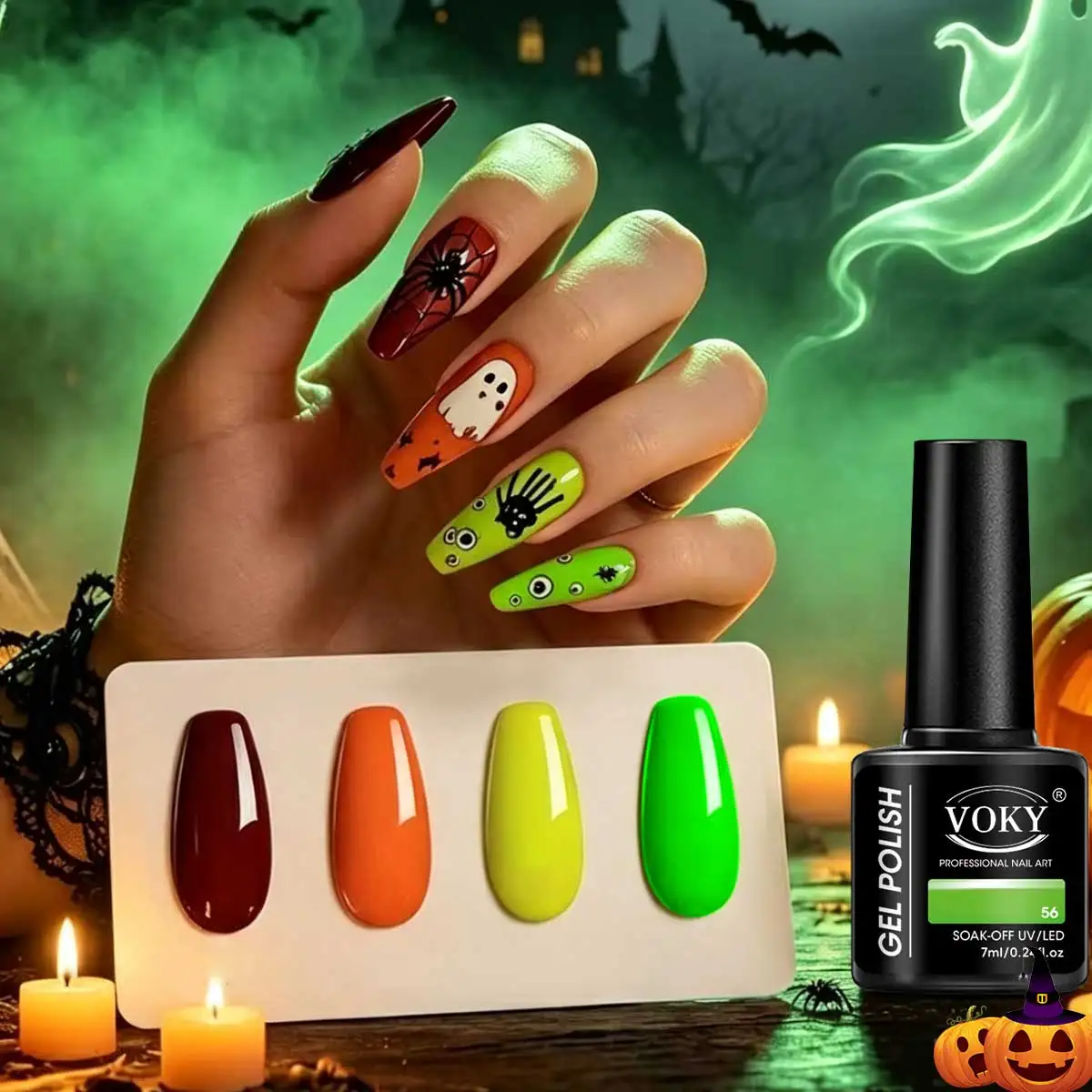 Voky 4-Piece Luxury Fluorescent Neon Halloween Solid Color Gel Nail Polish Set, Salon-Grade Uv/Led Soak-Off Gel, High Color Payoff Self-Leveling Nail Polish, 28-Day Long-Lasting Shine, Wear-Resistant and Peel-Off Resistant Nail Art Set, Suitable for Salon and Halloween DIY Ghost Bat Nail Art
