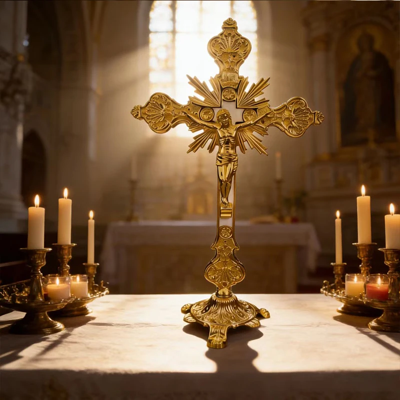 Neues 2026 Traditionelles Vergoldetes Orthodoxes Kruzifix mit INRI-Gravur, Stehendes Kreuz für Altarausstellung und Gottesdienst-Rituale, Geschenk – Detail 2