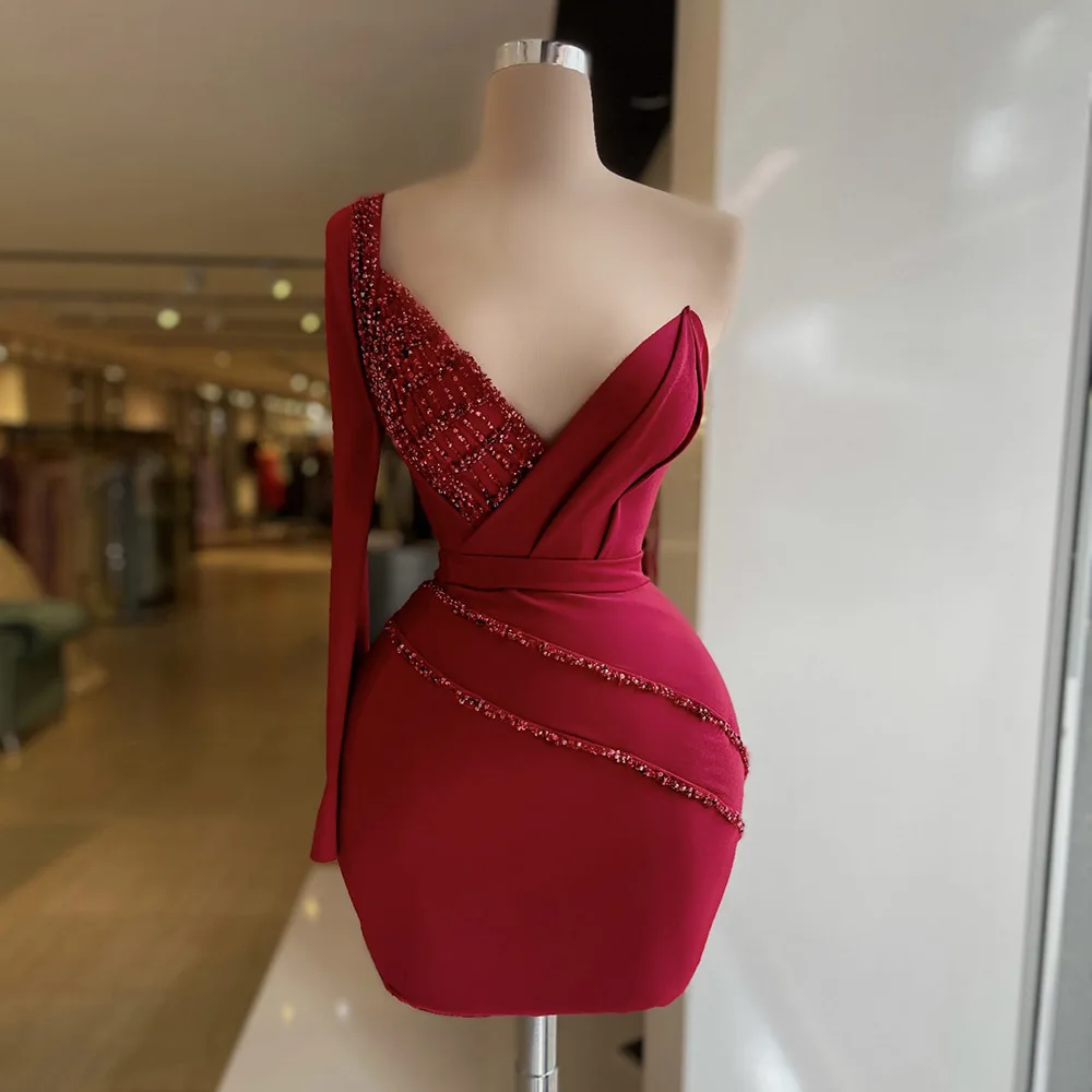 Burgundy Cocktail Dresses Women 2023 V-Neck Beading Luxury Evening Dress One-Shoulder Pleat Long Sleeves Mini Sheath Prom Gowns