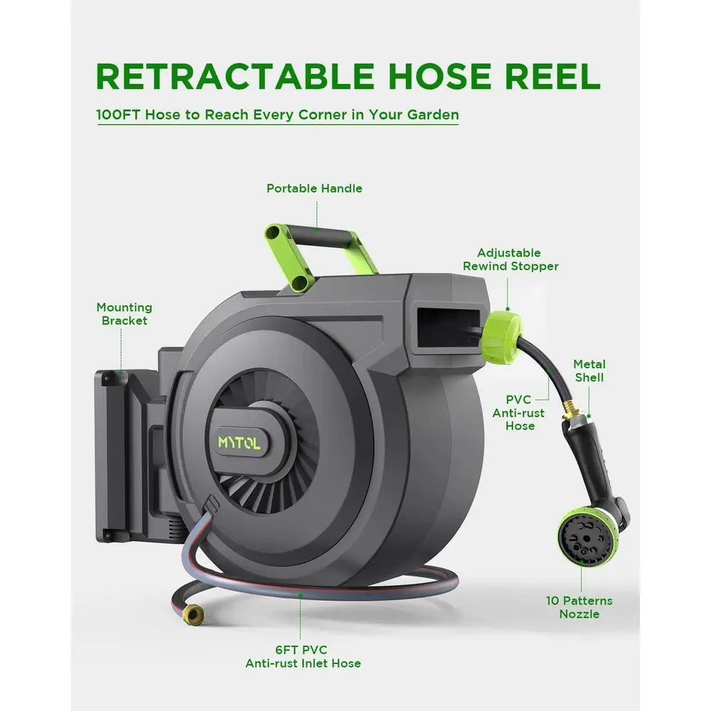 100ft Retractable Garden Hose Reel Wall Mount ระบบล็อคกลับช้าอัตโนมัติ