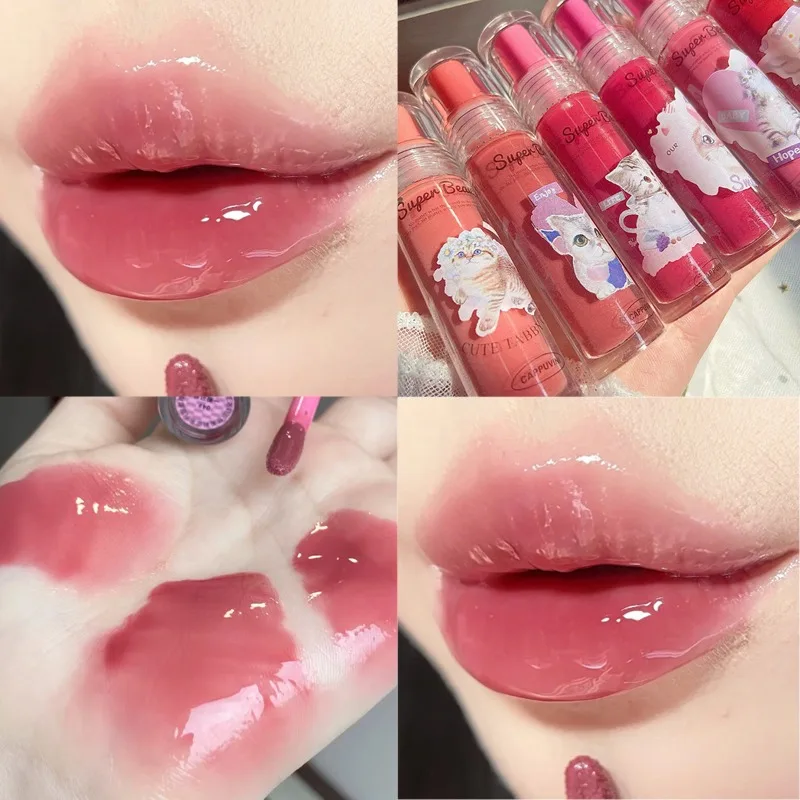 Mirror Water Lip Gloss 6 Colors Cute Cat Lasting Moisturizing Jelly Lip Glaze Waterproof Non-sticky Liquid Lipstick Lips Makeup