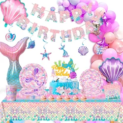 Mermaid Party Supplies,90 Pcs Party Supplies Kit-Mermaid Birthday Plates Cups Napkins Tablecloth&Banner Balloons etc for Girls