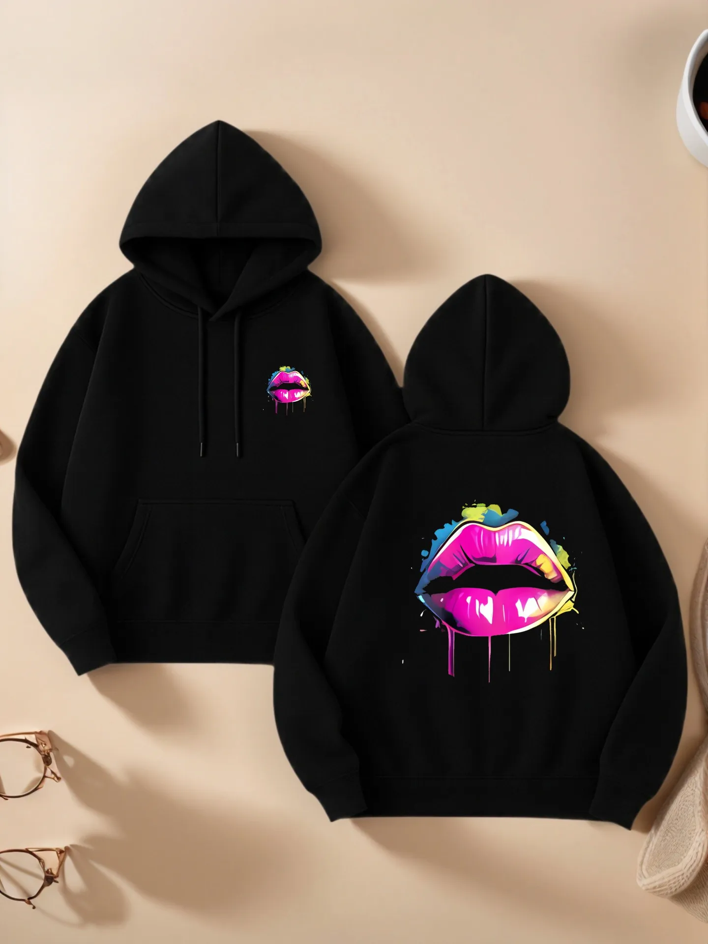 

Graphic Hoodie Women, Lip - Print Aesthetic Design, Casual Everyday Wear, Soft Fabric, For Teens