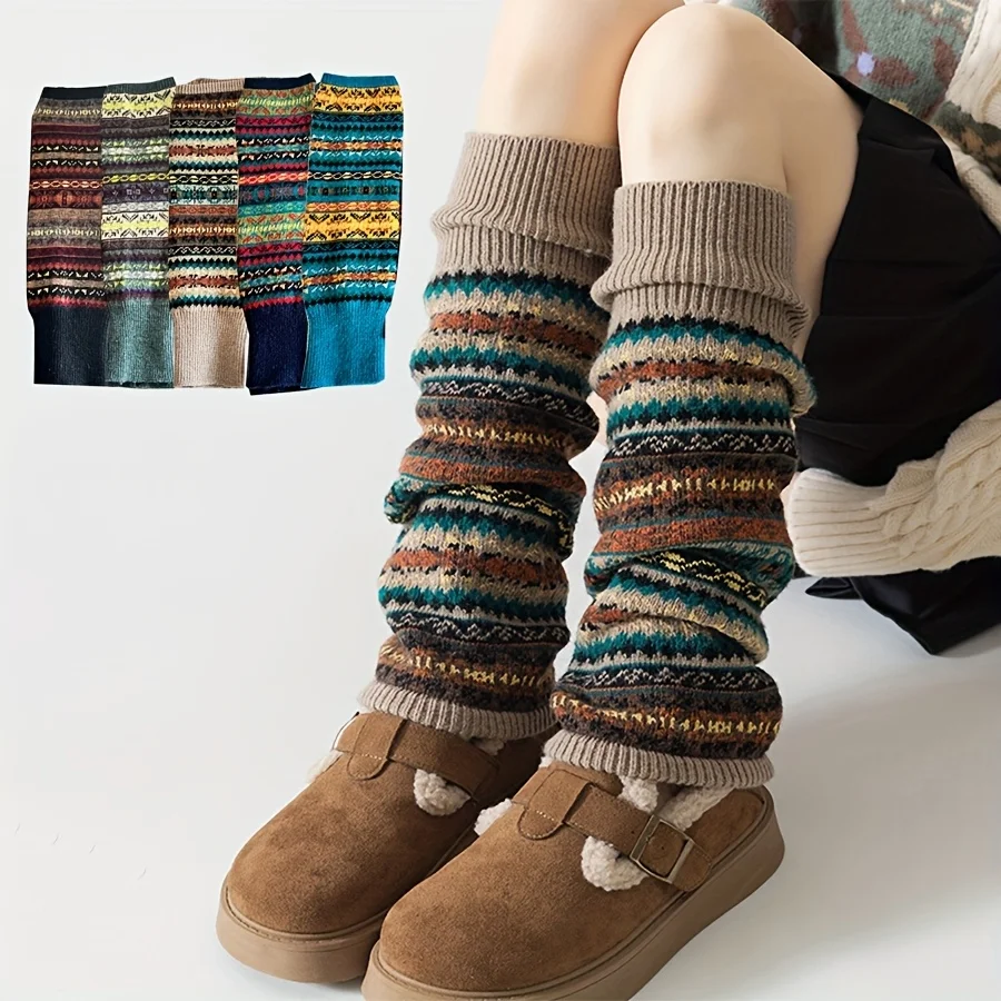 1 or 2 Pair Women'S Bohemian Leg Warmers - Cozy Geometric Pattern Thick Warm Fleece-Lined Cuffs Fall & Winter Winter Leg Warmers
