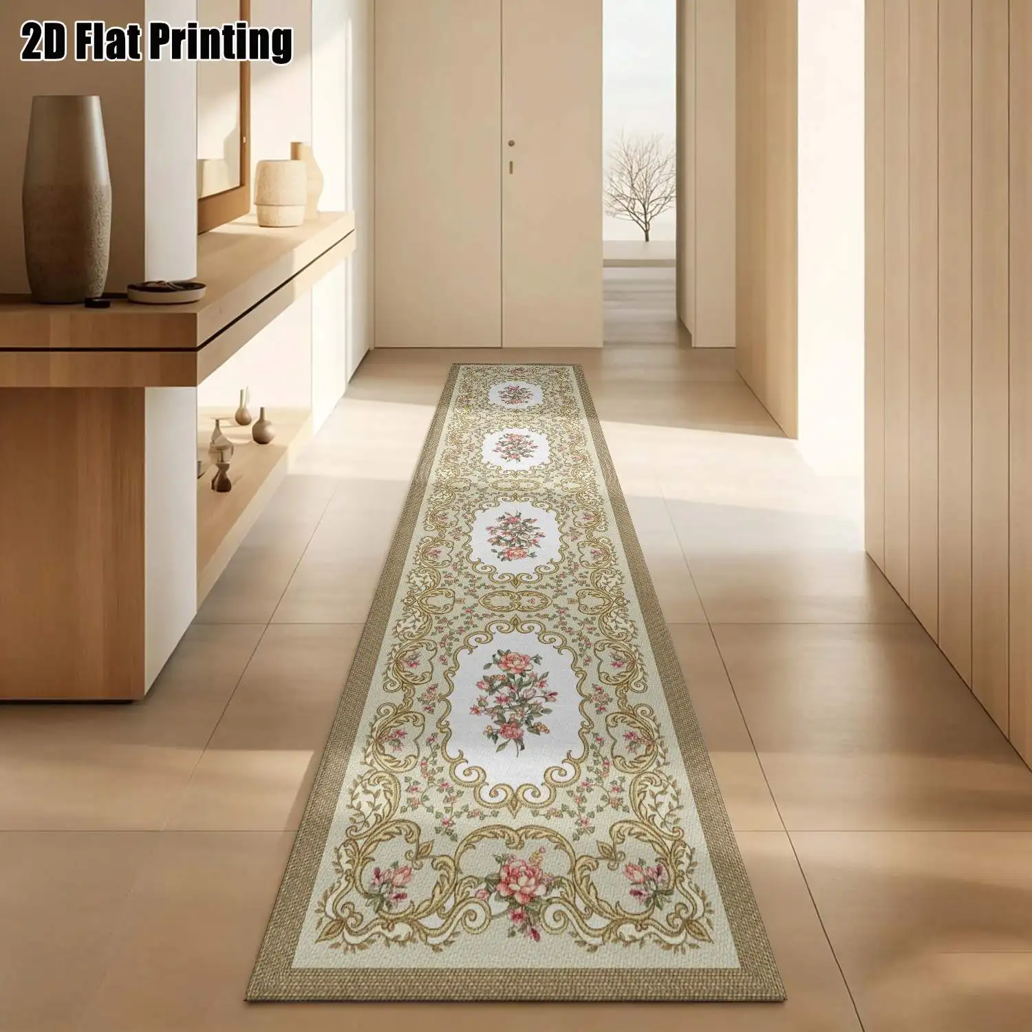 1Pc 2D Printed Long Strip Rug: Beige Base, Pink Floral Pattern, European/Bohemian/Geometric Line Style, Machine Washable, Multi-Size, Ideal for Entryway, Hallway, Bedroom, Kitchen Home Decor