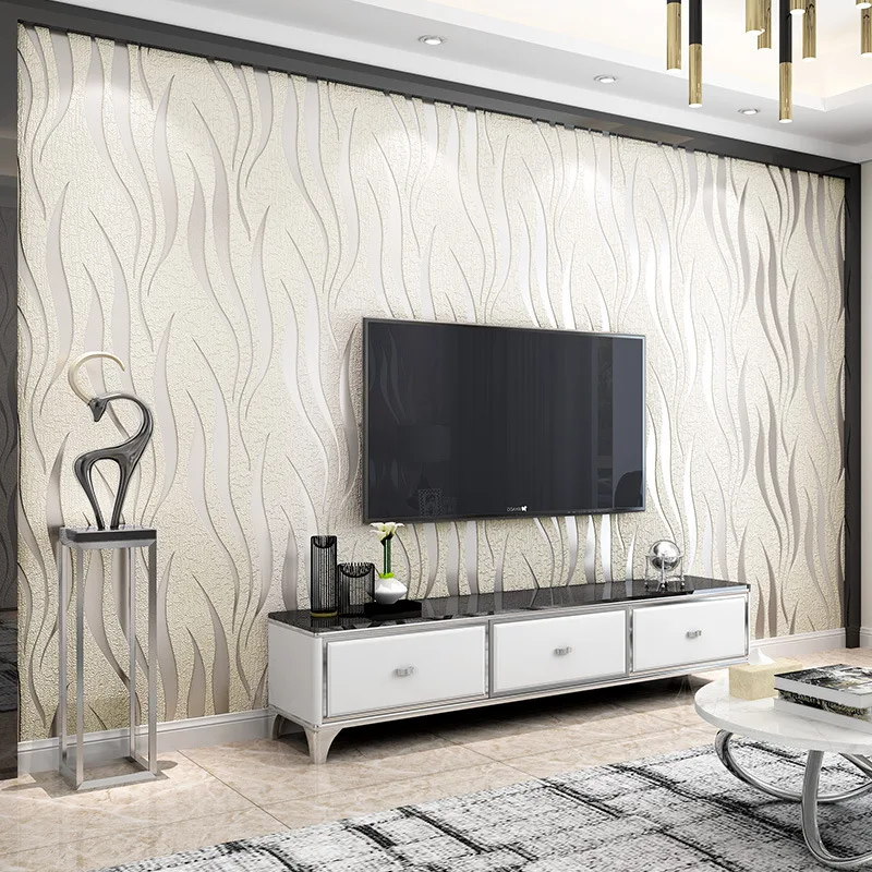 In Stock Beige Wavy Stripe Thickened Suede Velvet Wallpaper for Bedroom Living Room TV Wall Background