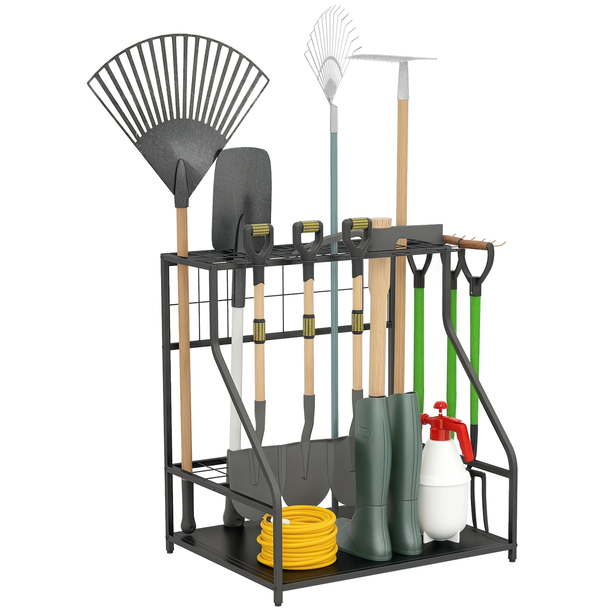 Outsunny Tuin Gereedschapsorganizer, 3-Laags Garage Opbergrek met Haken, voor Schoppen, R