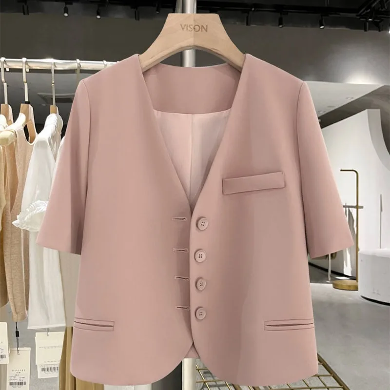 Korean Style Blazers for Women Solid Single Breasted All-match Loose Notched Ins College Short Sleeve Summer Clothing Outwear