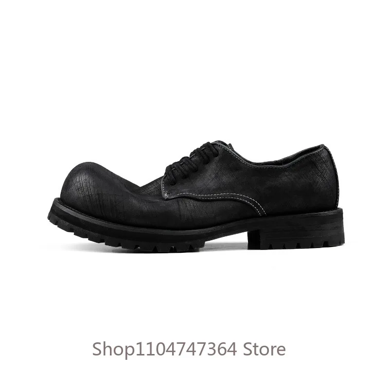 Designer Washed Horsehide Handmade Round Toe Derby Leather Shoes Men's Black Genuine Leather Thick Sole Dress Work Male Shoes