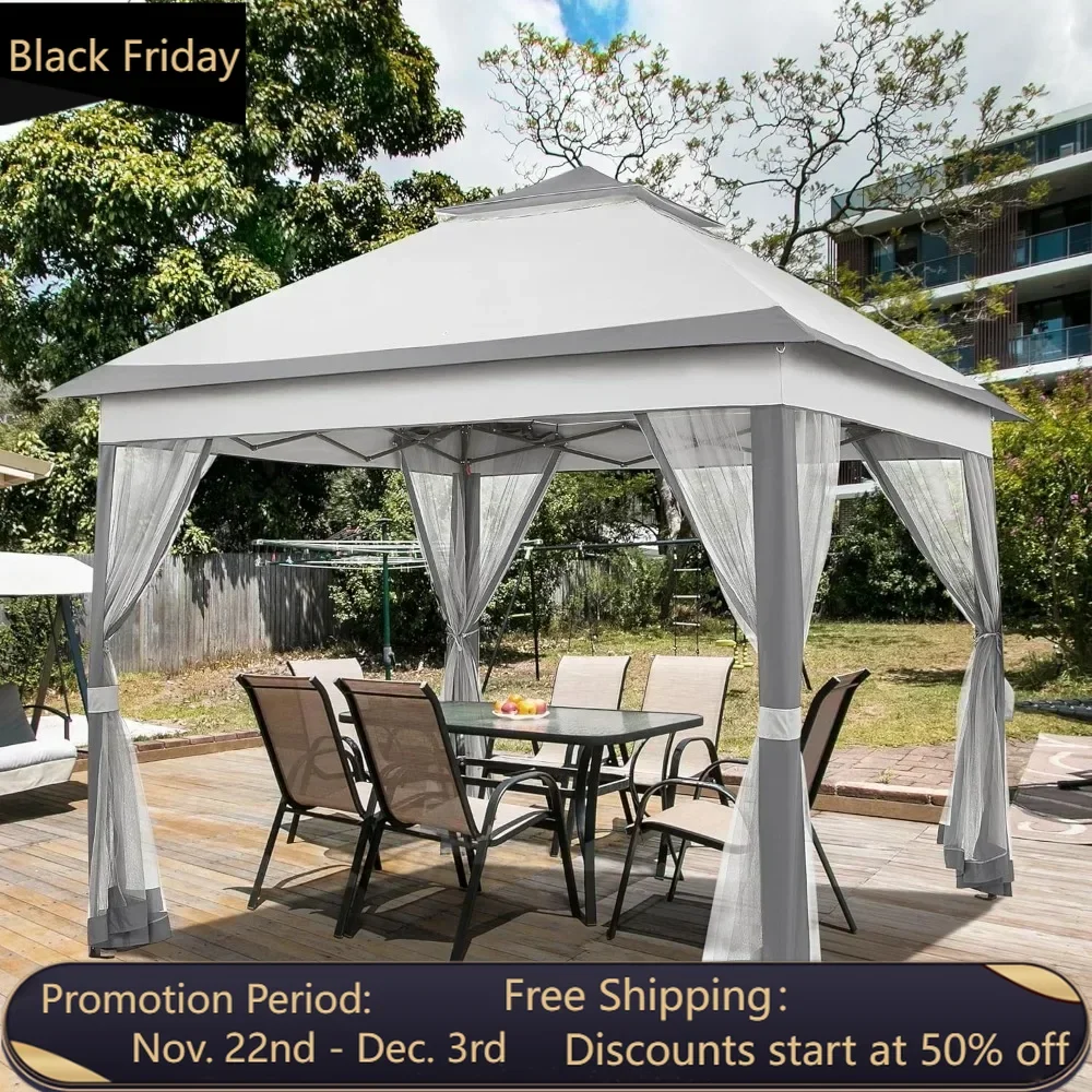 11x11 Pop Up Gazebo Outdoor Canopy Shelter, Instant Patio Gazebo Sun Shade Canopy Tent with 4 Sandbags, 2 Tiers Roof & Mesh