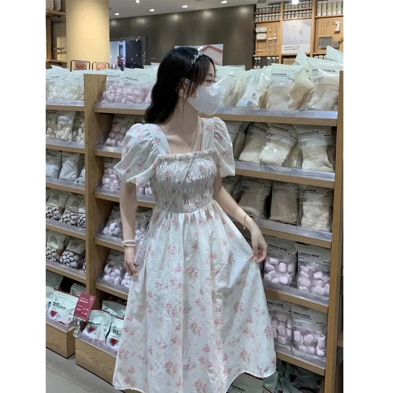 Summer New Robe Women Fashion Loose Square Neck Bubble Sleeve Dress Y2k Korean Elastic Waist Fragmented Flower Slim Long Dresses