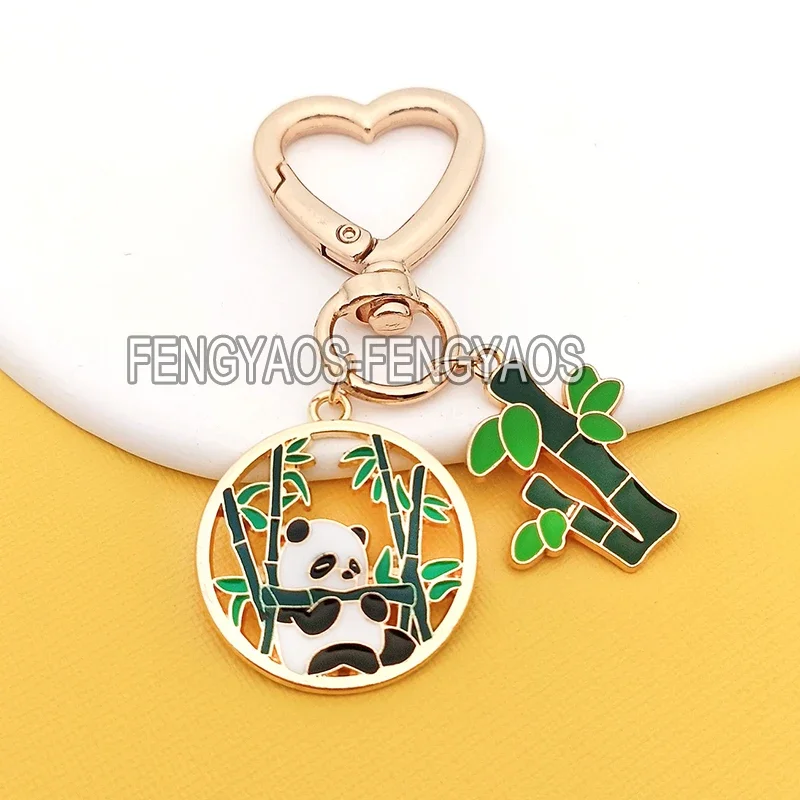 Cute Panda Keychains Ladies Animal Keychain Gold Color Bamboo Key Holder Heart Buckle Keyring Gift for Friend