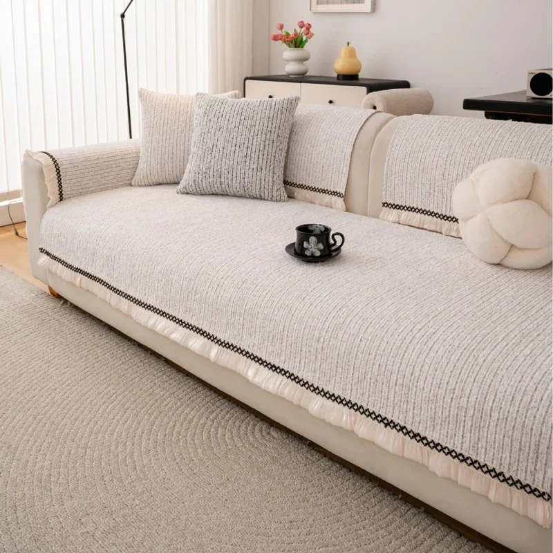 Ribbed Texture Chenille Couch Pad, Ruffled Lace Trim, Non-slip Soft Furniture Protector, Modern Living Room Sofa Cover