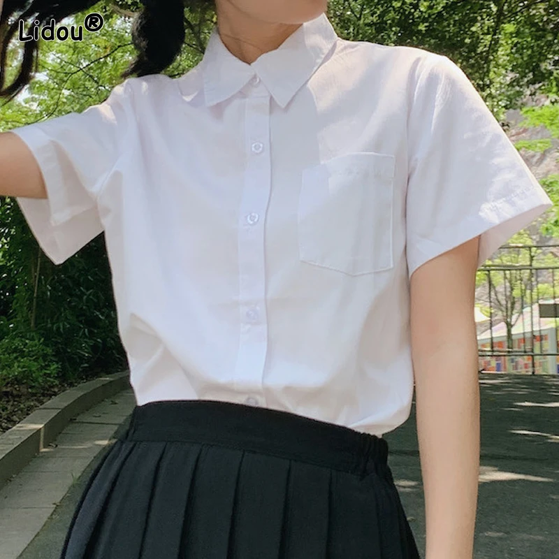 

Women's Clothing Formal Business Casual Short Sleeve Turn-down Collar Office Lady Loose Solid Pockets Button Summer Thin Blouses