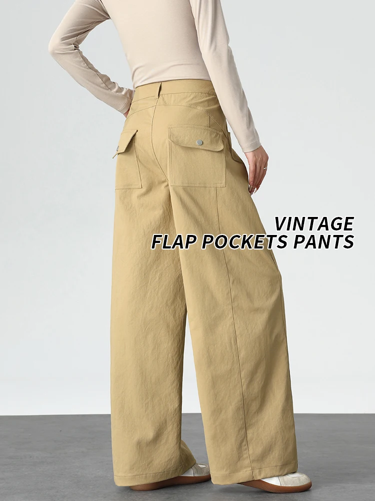 High Waist Straight Leg Pants Women's Vintage Flap Straight Wide Leg Pants Korean Style Draping Effect Slimming Long Pants