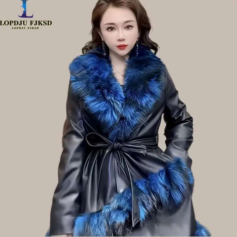 

Women's Fox Fur Collar Coats,Adjustable Waist PU Jacket, Female Loose Thicken Warm Clothes,England Style,Winter,New,2024