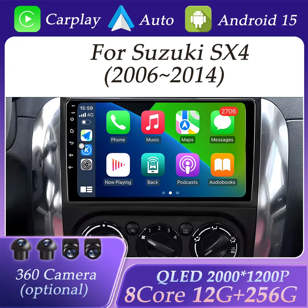 Android 15 Carplay для Suzuki SX4 2006-2014 Автомобильный радиоприемник Видео Аудио Мультимедийный плеер GPS-навигация DSP Стерео Wi-Fi QLED Экран