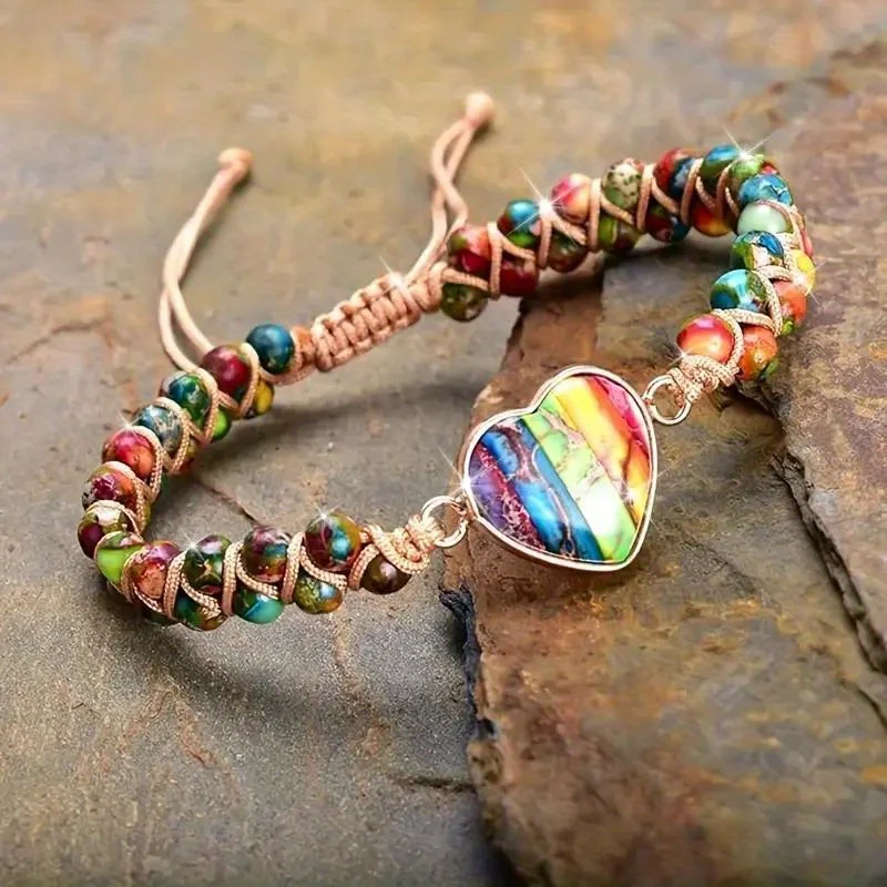 Bracelet de méditation de Yoga en pierre impériale Chakra en forme de cœur réglable, chaîne tressée à la main d'amour pour femmes
