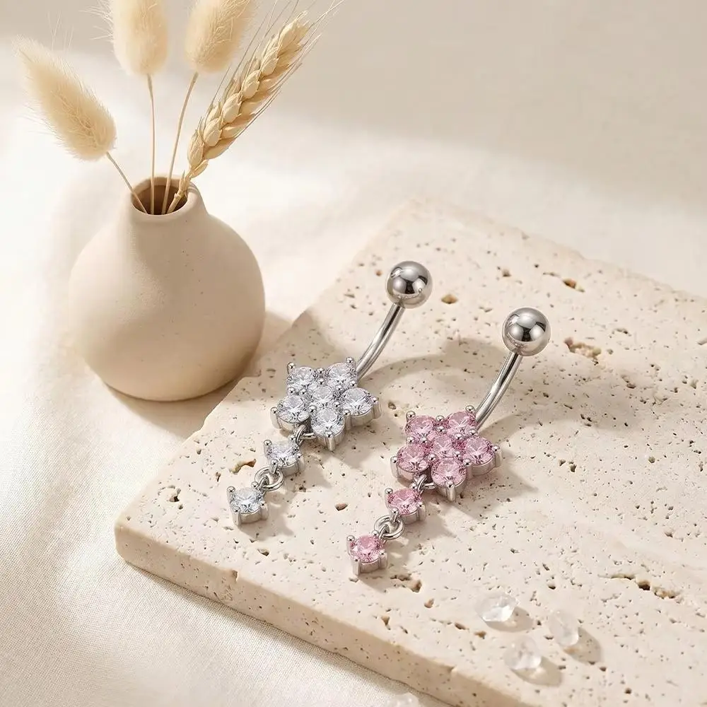 1 Piece Navel Ring Piercings 14G Flower Crystal CZs Dangle Belly Button Ring for Women Stainless Steel Sexy Curved Belly Jewelry