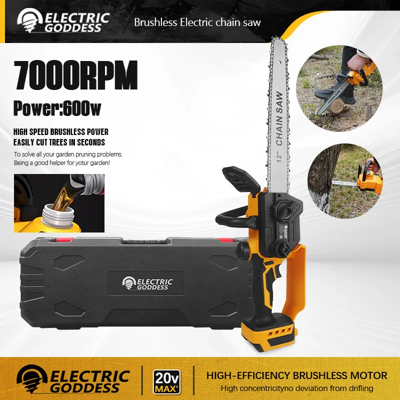 

EGOD 12Inch Brushless Electric Chain Saw for Dewalt Battery Handheld Wood Cutting Power Tool 7000RPM Yard Chainsaw