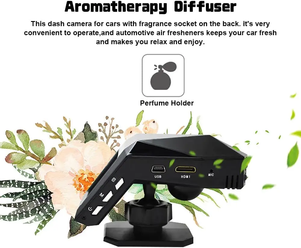 1080P 170 °   كاميرا لوحة قيادة السيارة بزاوية واسعة مع رؤية ليلية وموزع للعلاج العطري